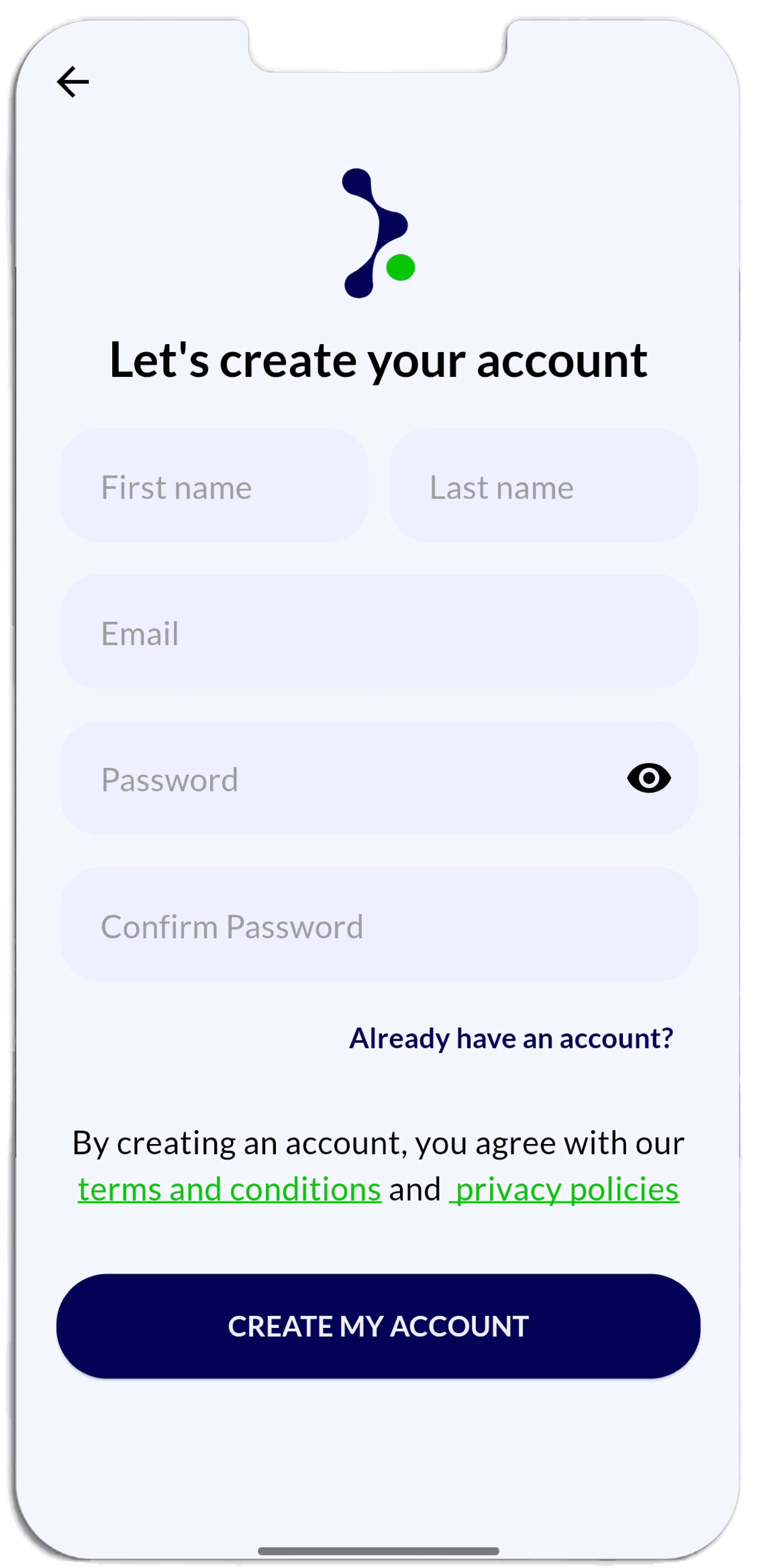 Login page of the mobile app